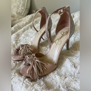 Jessica Simpson tassel fringe sparkly nude heels
